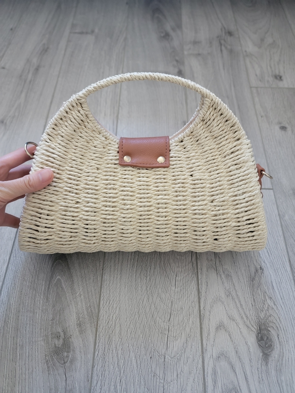 Woven Straw Top-Handle Bag with Tan Leather Accent - Picture 3 of 6